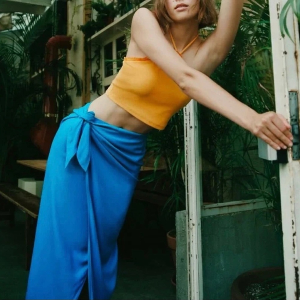 ZARA Orange Cropped Ruffle Halter Top